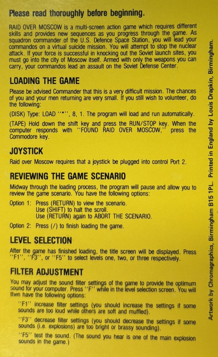 commmodore 64 raid over moscow tape leaflet